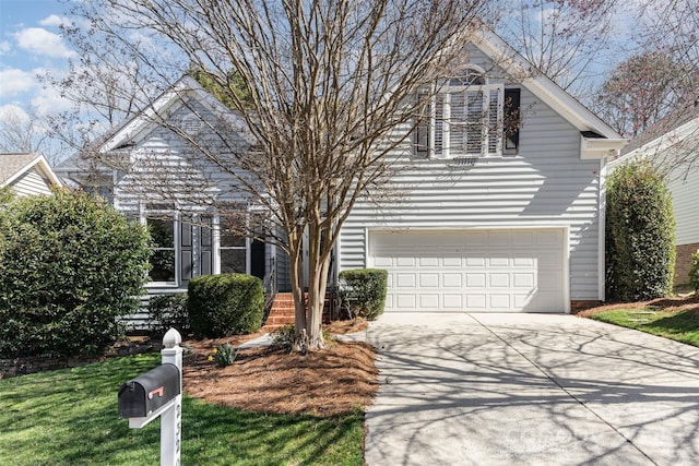 view of front facade featuring a garage, cooling unit, concrete driveway, and a front yard