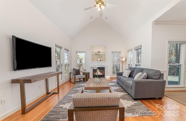 living area featuring high vaulted ceiling, light wood-type flooring, a healthy amount of sunlight, and a glass covered fireplace