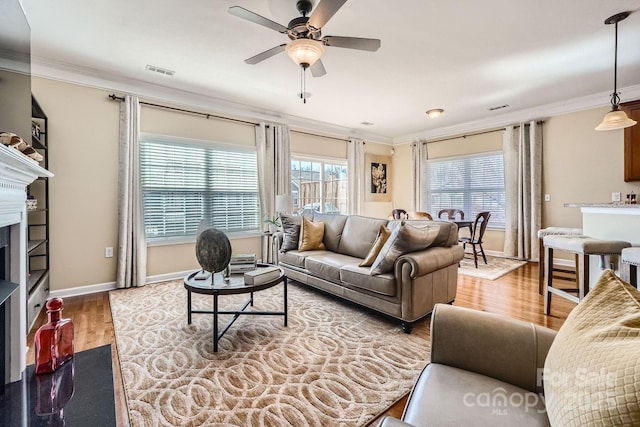 living room with ceiling fan, a fireplace, wood finished floors, visible vents, and ornamental molding