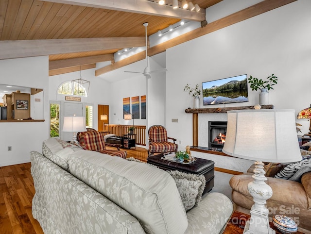 209 Walnut Ridge Rd, Brevard, NC 28712 - living room featuring an inviting chandelier, wood ceiling, wood finished floors, a high end fireplace, and beam ceiling