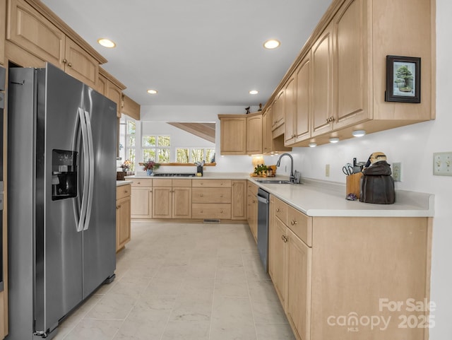 209 Walnut Ridge Rd, Brevard, NC 28712 - kitchen featuring light brown cabinets, a sink, light countertops, appliances with stainless steel finishes, and recessed lighting