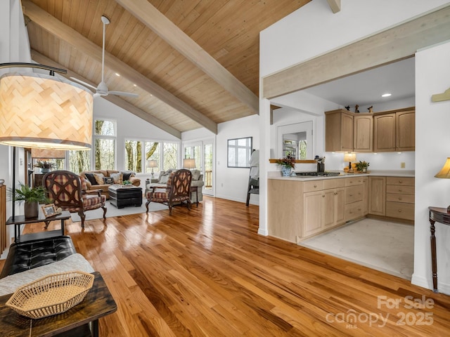 209 Walnut Ridge Rd, Brevard, NC 28712 - living room with light wood-style floors, beam ceiling, ceiling fan, high vaulted ceiling, and wood ceiling