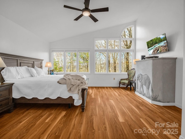 209 Walnut Ridge Rd, Brevard, NC 28712 - bedroom featuring high vaulted ceiling, light wood-style flooring, baseboards, and ceiling fan