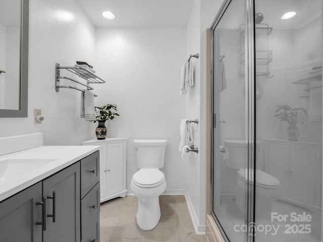 209 Walnut Ridge Rd, Brevard, NC 28712 - bathroom featuring toilet, a stall shower, vanity, and recessed lighting