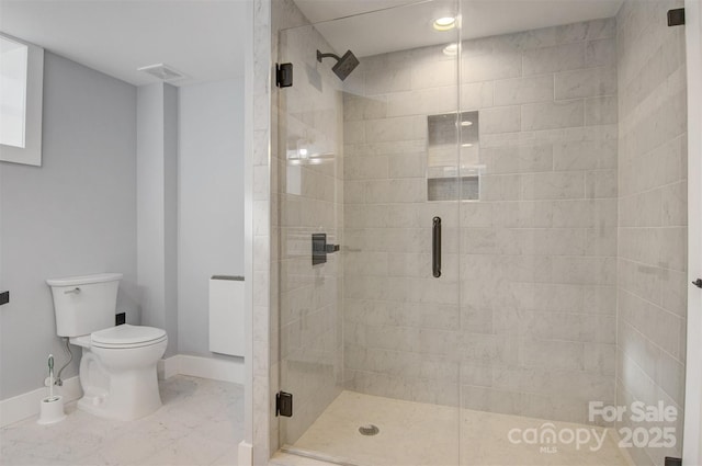 full bath with visible vents, a shower stall, baseboards, toilet, and marble finish floor