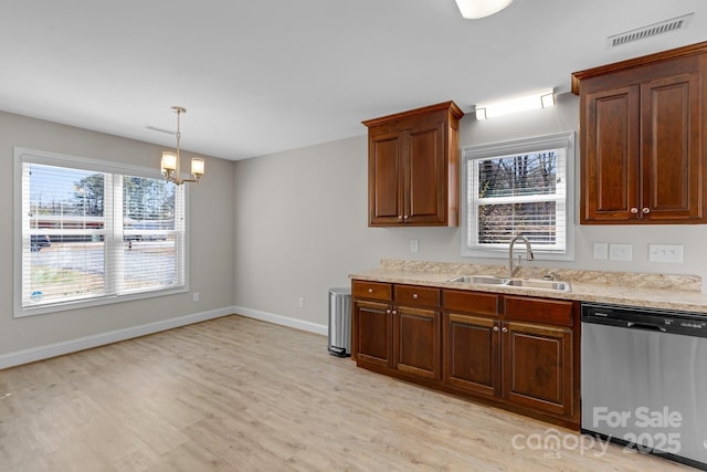 kitchen with a sink, visible vents, plenty of natural light, and stainless steel dishwasher