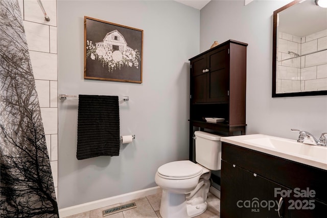 full bath with vanity, baseboards, visible vents, tile patterned flooring, and toilet