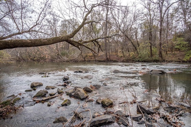 view of water feature featuring a forest view