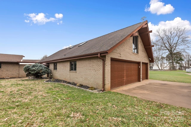 view of home's exterior with a garage, brick siding, a yard, and a shingled roof