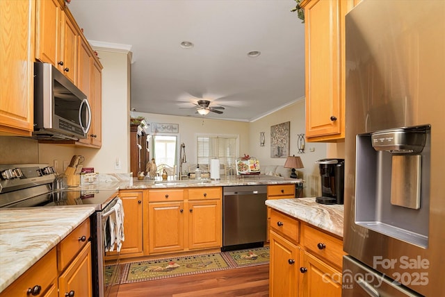 kitchen with a sink, light stone countertops, appliances with stainless steel finishes, and ceiling fan