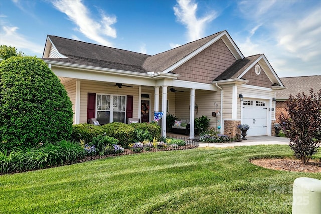313 Garner Dr, Salisbury, NC 28146 - craftsman house featuring a front lawn, a ceiling fan, a shingled roof, an attached garage, and a porch