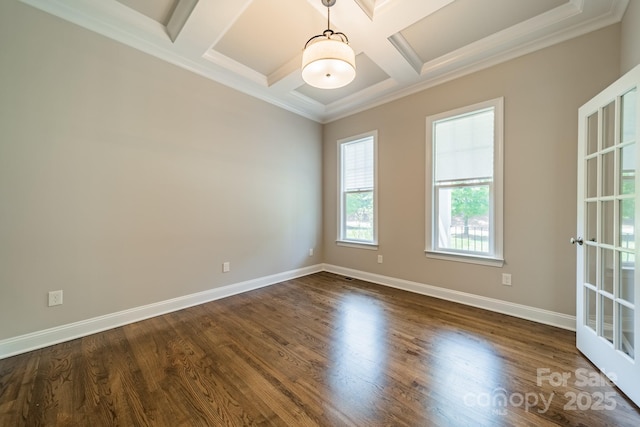 spare room with coffered ceiling, baseboards, dark wood finished floors, and beam ceiling