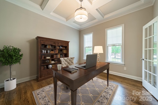 office with baseboards, coffered ceiling, and dark wood-style flooring