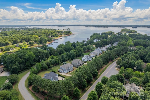 bird's eye view with a forest view and a water view