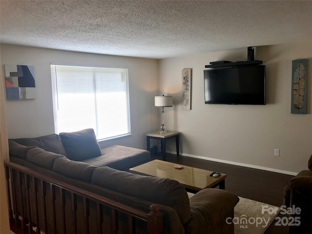 living area featuring a textured ceiling, baseboards, and wood finished floors