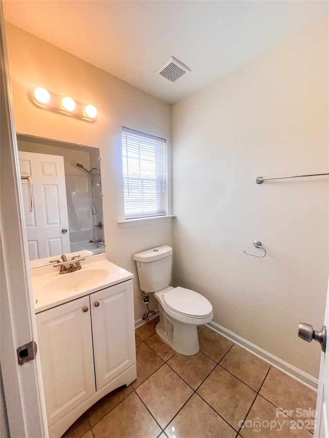 bathroom with visible vents, walk in shower, toilet, tile patterned floors, and vanity