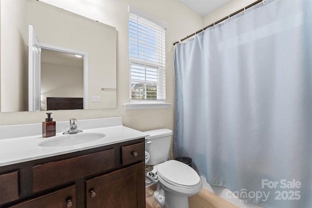 full bathroom featuring vanity, a shower with shower curtain, and toilet