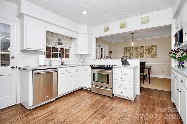 kitchen featuring stainless steel appliances, a peninsula, a sink, white cabinets, and light wood-style floors