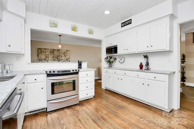 kitchen featuring light wood-style floors, wood ceiling, appliances with stainless steel finishes, and white cabinets