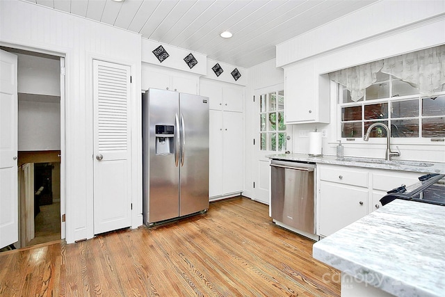 kitchen with light wood finished floors, wooden ceiling, stainless steel appliances, white cabinetry, and a sink