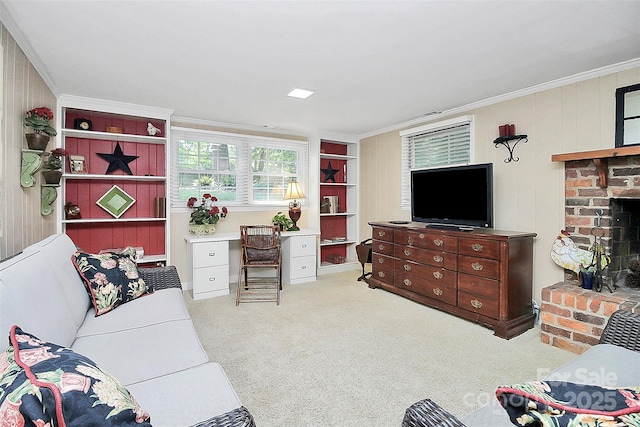 living area with ornamental molding, a brick fireplace, and carpet flooring