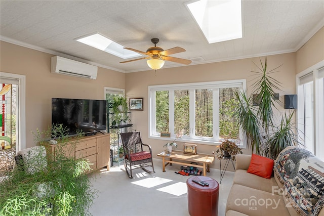 living room with ornamental molding, a skylight, and a wall mounted air conditioner