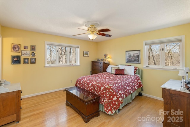 bedroom featuring light wood-style floors, ceiling fan, and baseboards