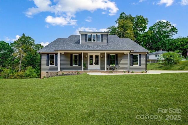 view of front of home with covered porch, a front lawn, french doors, and roof with shingles