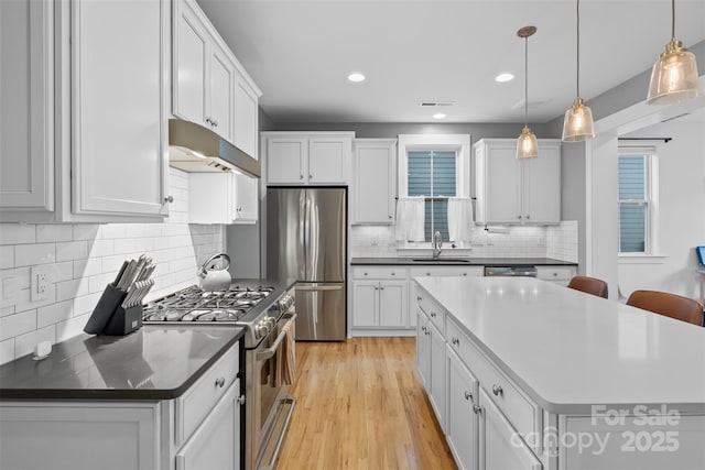 kitchen with under cabinet range hood, dark countertops, appliances with stainless steel finishes, and a sink