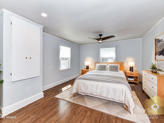 bedroom featuring crown molding, baseboards, recessed lighting, wood finished floors, and a ceiling fan