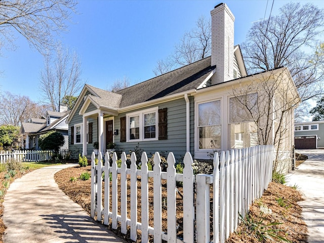 bungalow-style house featuring a fenced front yard, roof with shingles, and a chimney