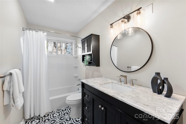 bathroom with tile patterned flooring, toilet, vanity, and shower / bath combination with curtain