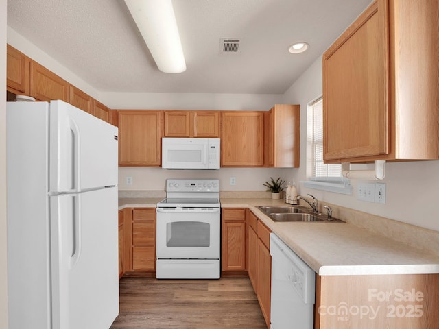 kitchen featuring white appliances, visible vents, a sink, light countertops, and light wood-style floors