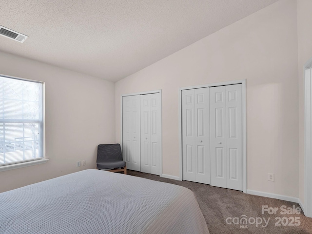 carpeted bedroom featuring visible vents, baseboards, multiple closets, and vaulted ceiling