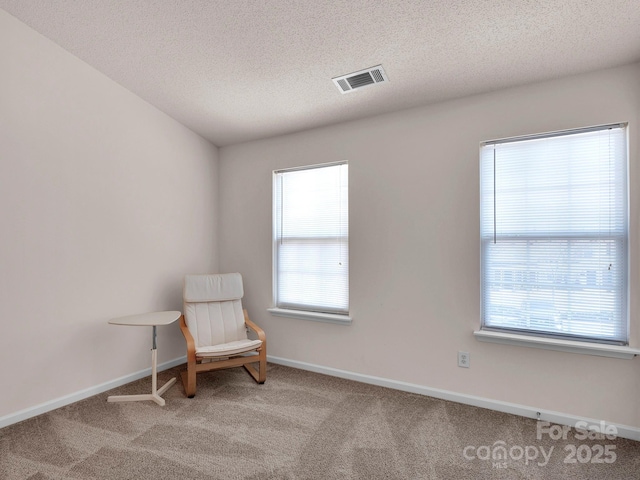 living area with a textured ceiling, carpet, visible vents, and baseboards