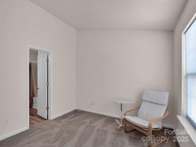 living area with plenty of natural light, baseboards, and carpet floors