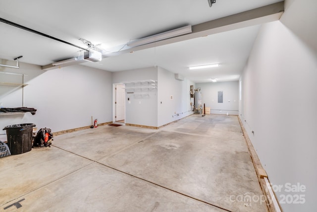 garage with electric panel, water heater, and baseboards