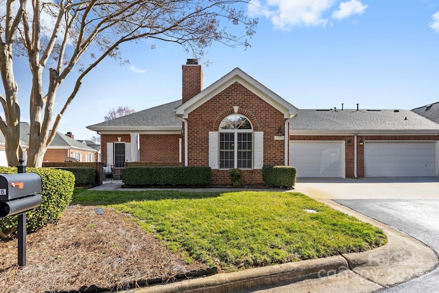 ranch-style home with concrete driveway, brick siding, a chimney, and an attached garage