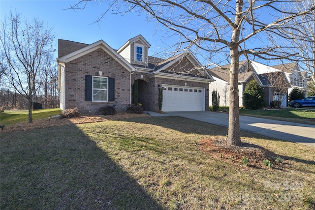 view of front facade featuring concrete driveway, brick siding, a front lawn, and an attached garage