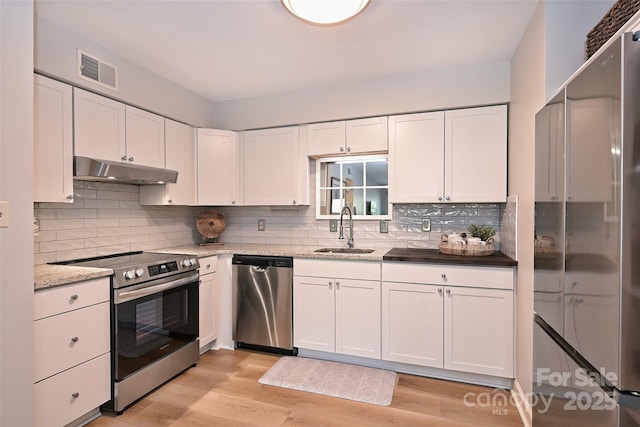 kitchen featuring under cabinet range hood, stainless steel appliances, a sink, visible vents, and white cabinets