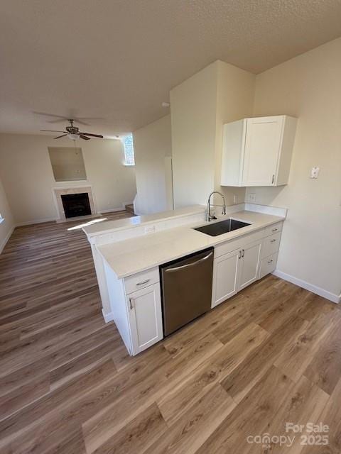 kitchen featuring dishwasher, a fireplace, a sink, and white cabinets