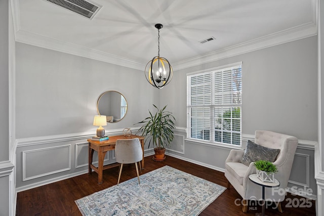 office featuring visible vents, dark wood finished floors, and ornamental molding