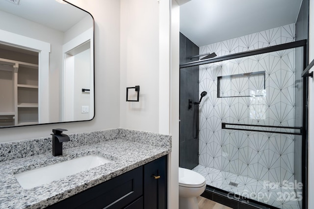 full bath featuring visible vents, a shower stall, toilet, and vanity