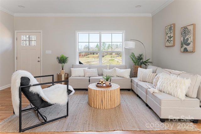 living room with ornamental molding, baseboards, and wood finished floors