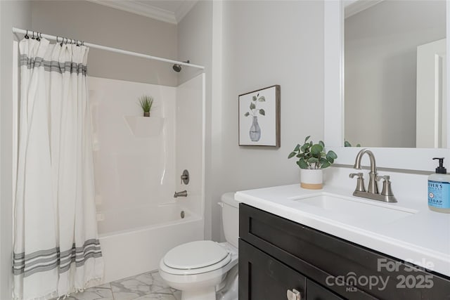 full bath featuring marble finish floor, crown molding, toilet, shower / tub combo, and vanity