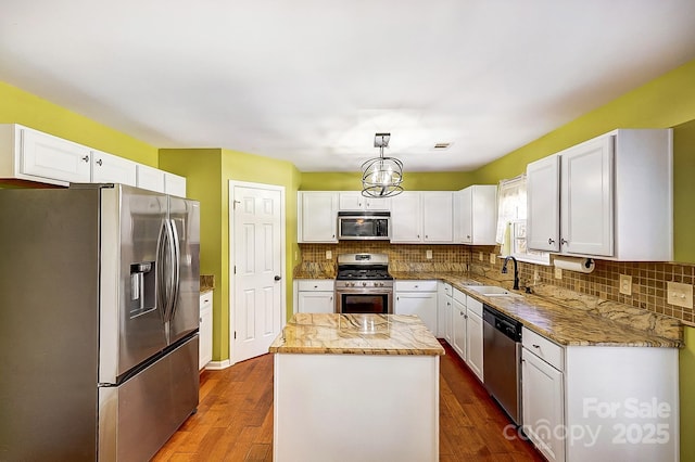 kitchen featuring white cabinets, dark wood finished floors, stainless steel appliances, and a sink