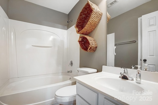 full bathroom featuring  shower combination, visible vents, vanity, and toilet