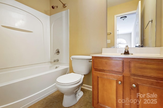 bathroom featuring bathing tub / shower combination, vanity, toilet, and tile patterned floors