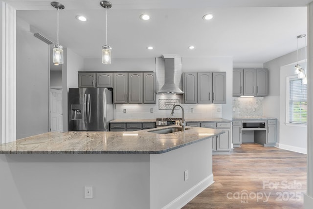 79 Mill Pond Way, Hendersonville, NC 28791 - kitchen with wall chimney exhaust hood, stainless steel refrigerator with ice dispenser, a sink, and gray cabinets