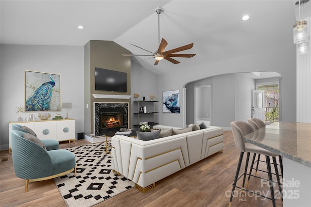 79 Mill Pond Way, Hendersonville, NC 28791 - living area with a fireplace, wood finished floors, a ceiling fan, and arched walkways